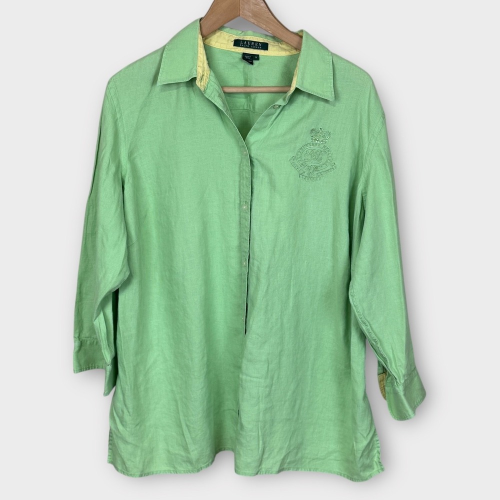 Lauren Ralph Lauren Green Linen Button Up Top 1X‎ Long Sleeve Embroidered Crest